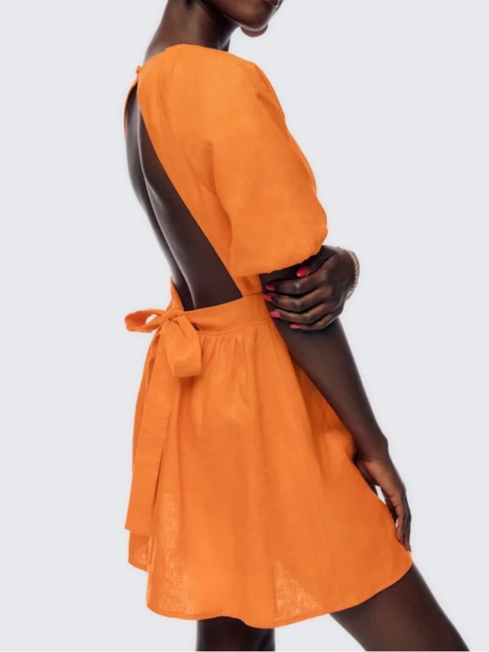 Reformation Orange Linen Open-Back Puff-Sleeve Mini Dress Sz 2